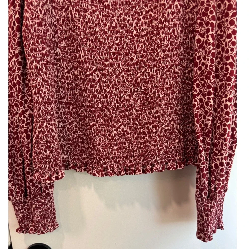 Boden Burgundy Floral Smocked Square Neck Long‎ Sleeve Top Womens US 12